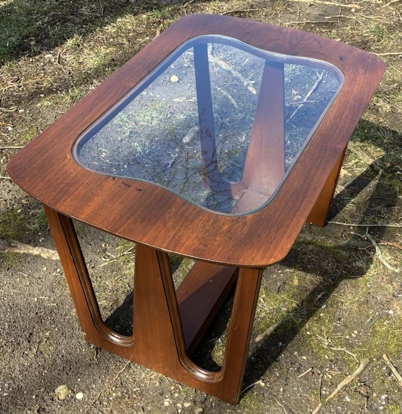 Mid Century Modern Bassett End Side Table Walnut & Glass Insert