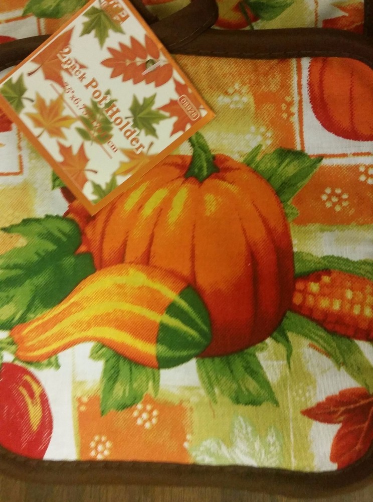2 Fabric Printed Pot Holders, PUMPKIN & CORN, by TG