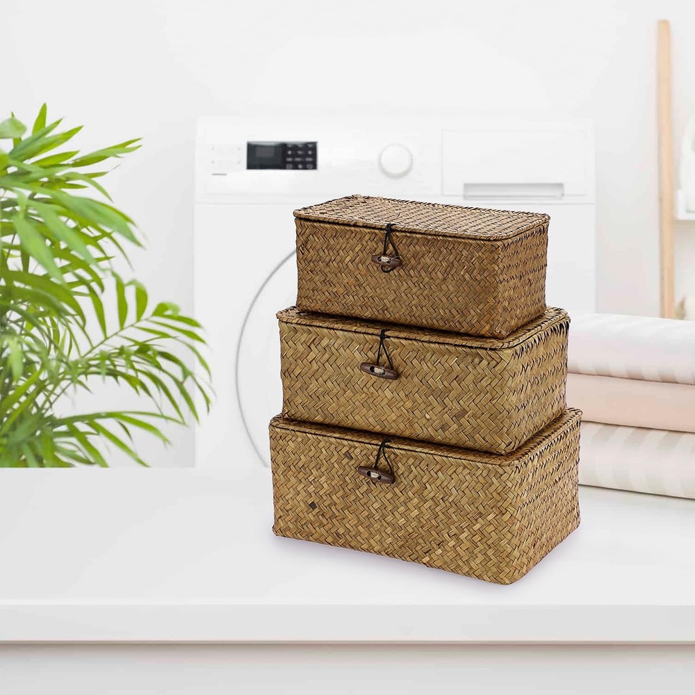 3 Set Caramel Rectangular Wicker Baskets, Lid, Seagrass, Decorative Bins