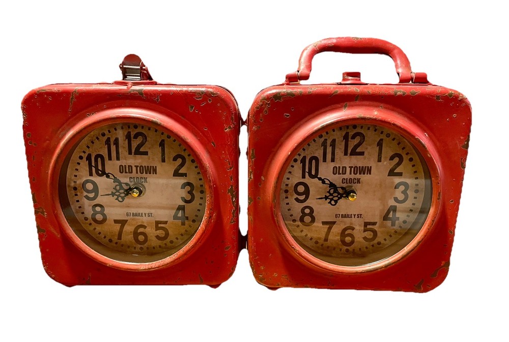 Vtg Old Town Clock - 67 BAILEY ST. Red Double Face Locking Box Clock Works