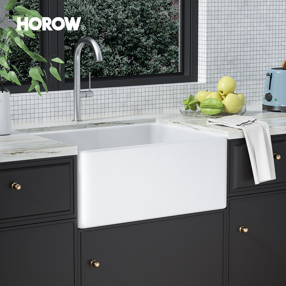 24" Sink Single Bowl Undermount Ceramic Farmhouse Apron Kitchen White Rectangle