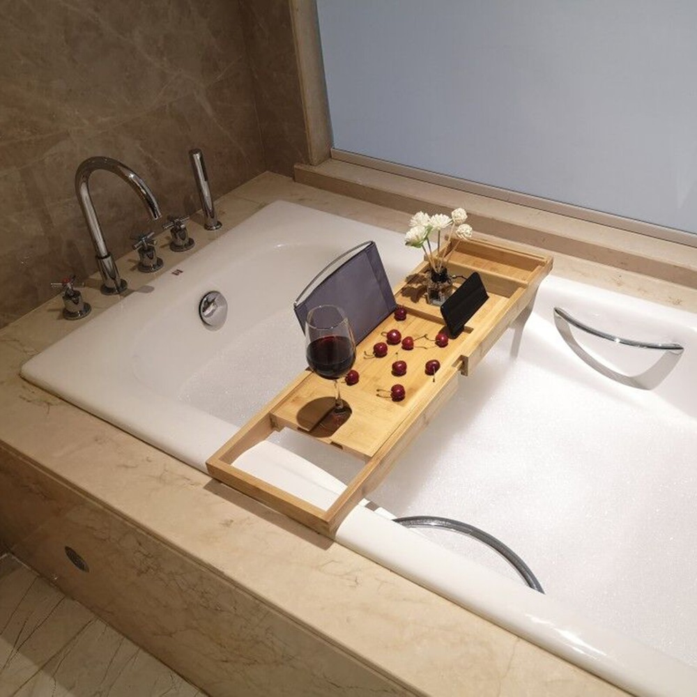 Bamboo Bath Tray Table - Adjustable Caddy with Multifunctional Groove