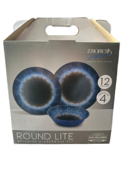 Round Lite Melamine Dinnerware 12 pc Set Blue & Black Color