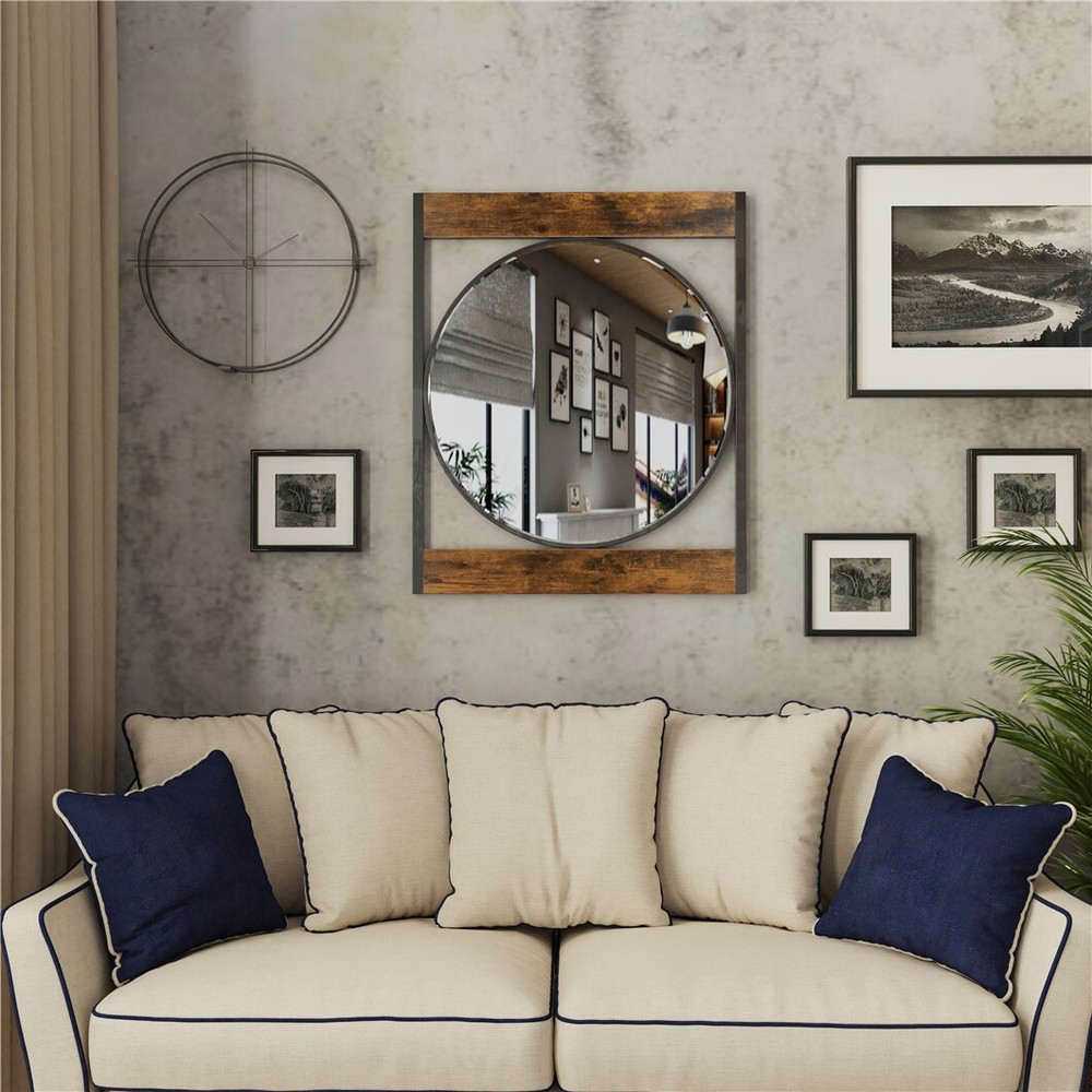 Rustic Farmhouse Black Metal & Solid Wood Frame Accent Mirror Decorative Mirrors
