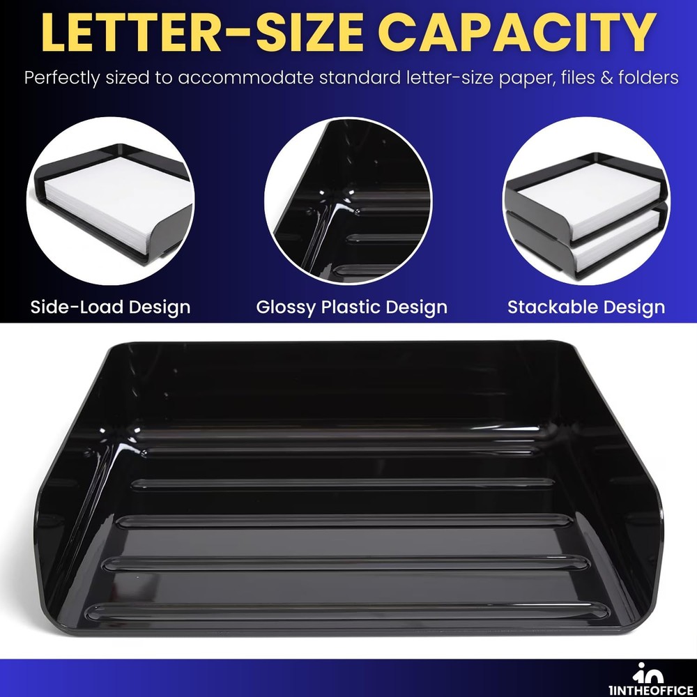2-Tier Letter Tray Desk Organizer, Stackable, Side Load, Black, 2 Pack
