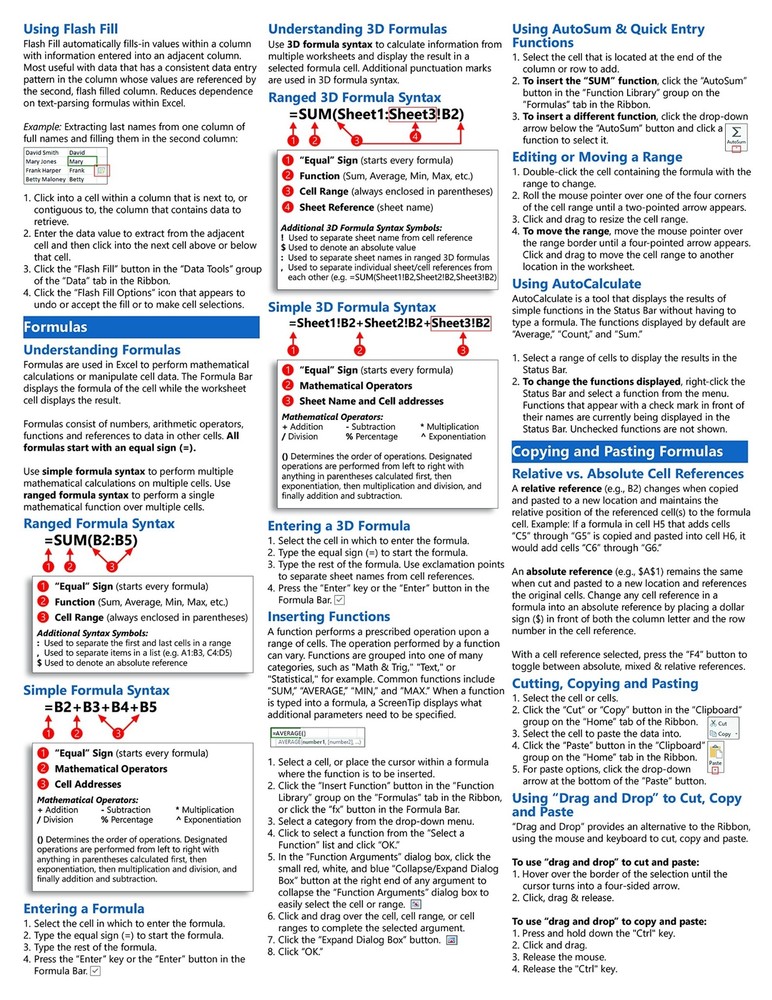 Excel 2016 Training Guide Quick Reference Card 4 Page Cheat Sheet Instructions