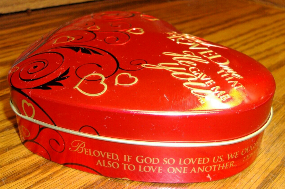 Scripture Candy Tin~Red Heart-Shaped Container 'God So Loved' 6.3"x5.3"x2" 812