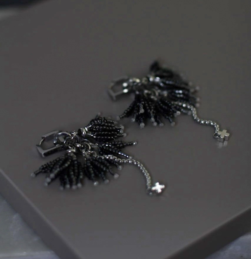 Handcrafted Beaded Dangle Earrings, Black Silver Tone