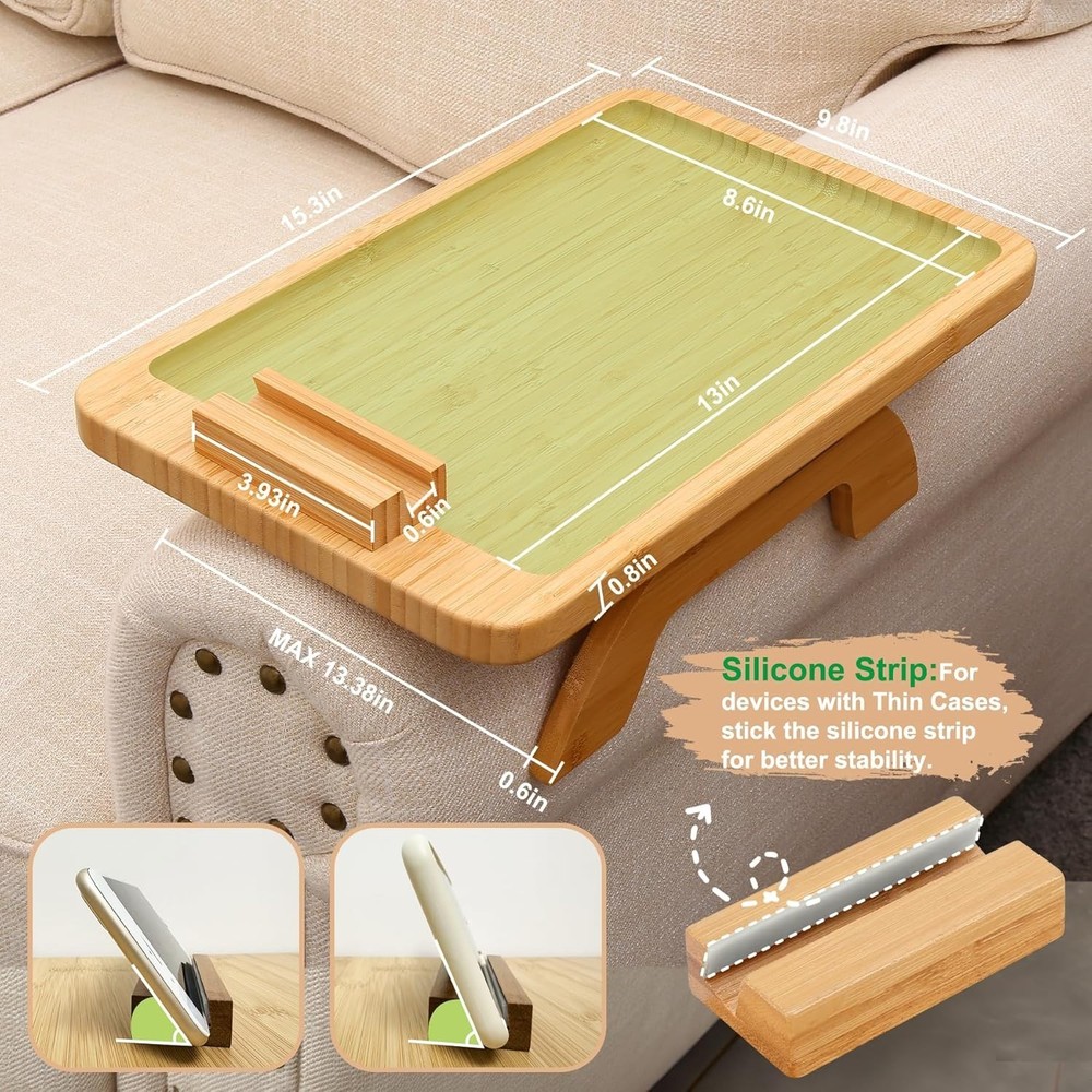 Modern Bamboo Armrest Table for Snacks/Remote, Rectangular