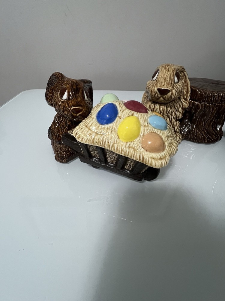 3 Vtg Ceramic Easter Bunny Candy Dishes And Basket