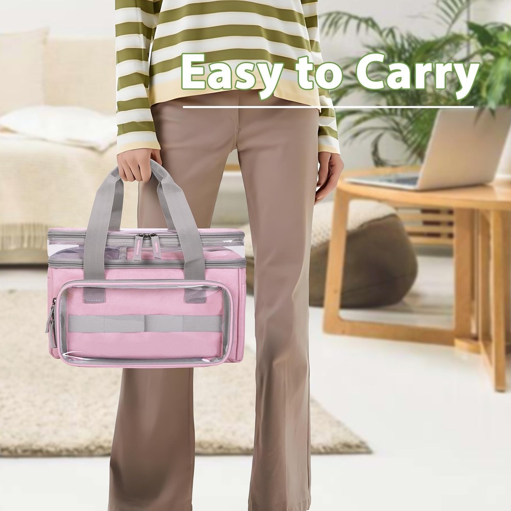Pink Double-Layer Sewing Storage Organizer Bag Transparent Compartment Divider