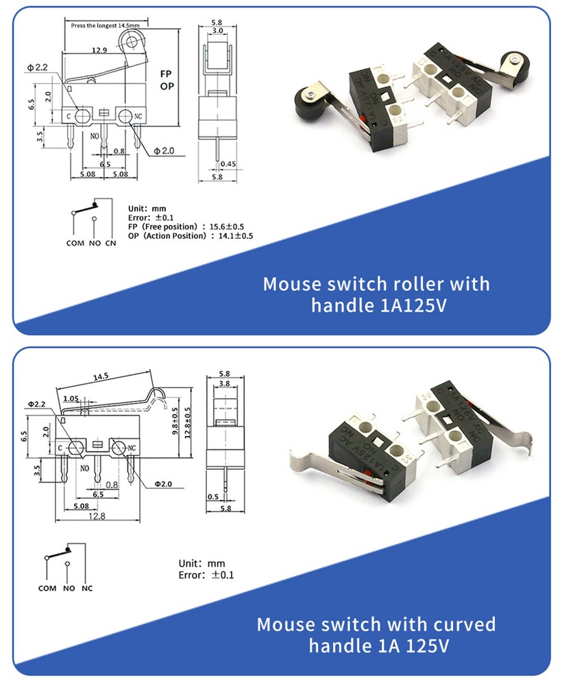 3-Pins PCB Momentary Push Micro Switche Micro Limit Switch 1A 125V Mouse Button