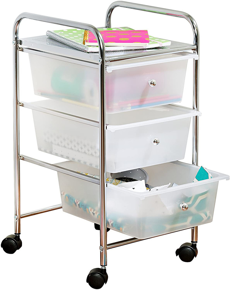 3-Drawer Plastic Storage Cart on Wheels,Silver