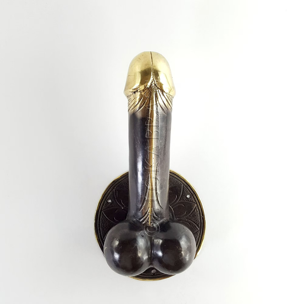 large version PENIS erect DOOR PULL HOOK heavy aged brass 9 " handle hand made