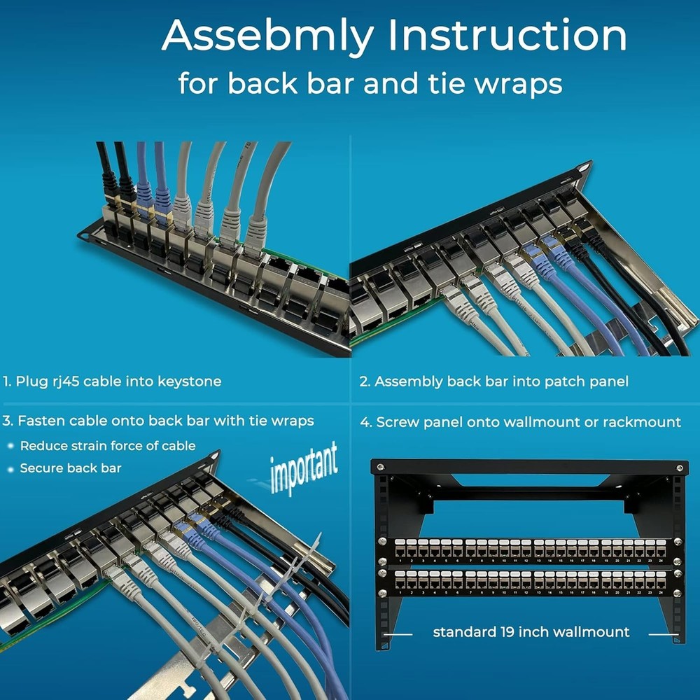 Rapink Patch Panel 24 Port Cat6A with Inline Keystone 10G Support, Coupler Patch