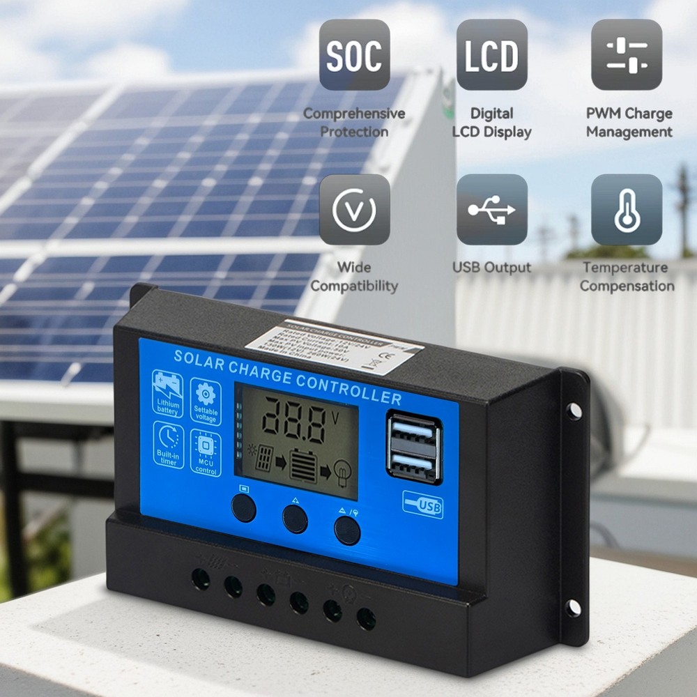 30A PWM Solar Panel Charge Controller 12/24V Auto LCD Display Dual USB Timer Set