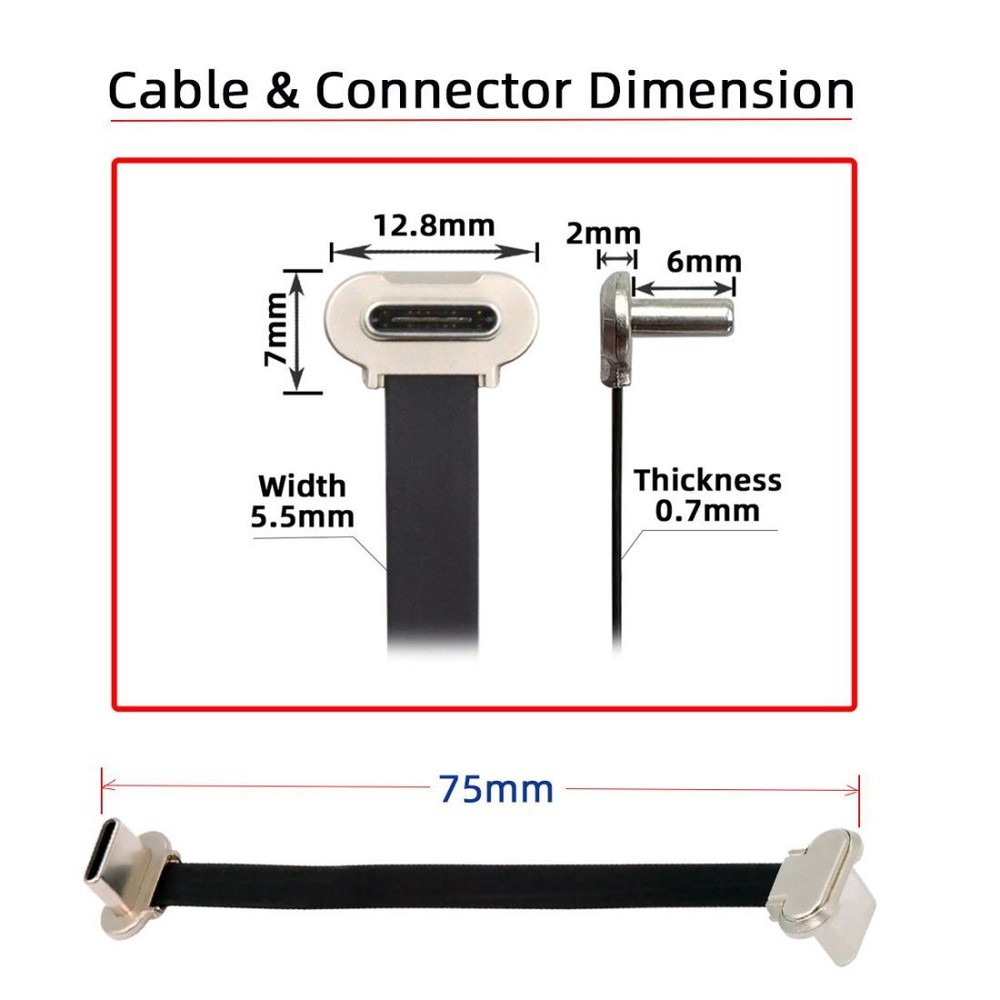 Cablecc Angled USB-C Type C to USB-C Ultra Slim Flat Power USB2.0 Data Cable 65W