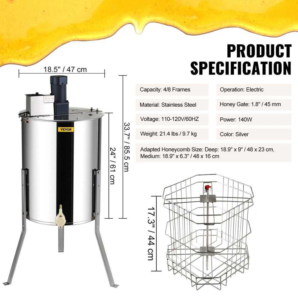 Electric Honey Extractor with Adjustable Stand Stainless Steel Beekeeping Tool