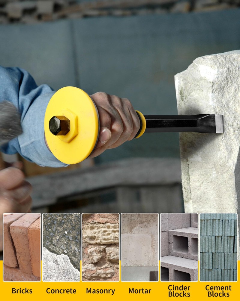 Firecore 3PCS Heavy Duty Masonry Rock Chisel Set w/ Hand Guard - Point & Flat