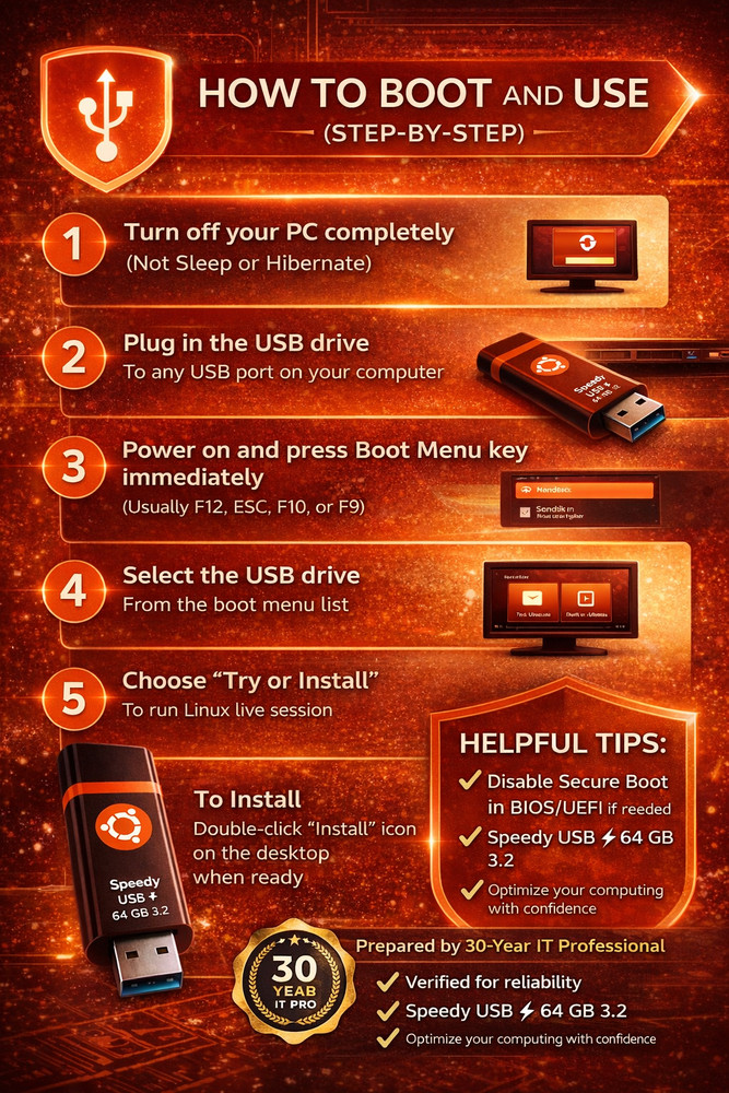 Ubuntu Linux 24.04 NUBAT LTS BOOTABLE, LIVE, PERSISTENT, 64 GB USB