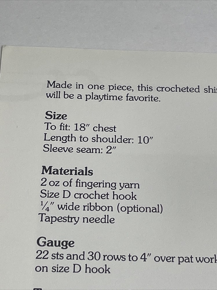 Ribbed Shirt Child Size Crochet Pattern Marshall Cavendish
