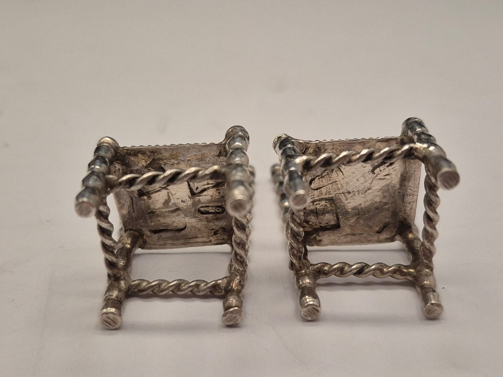 Antique Solid Silver Miniature Chairs, Dolls House, Dutch German, Matching Pair