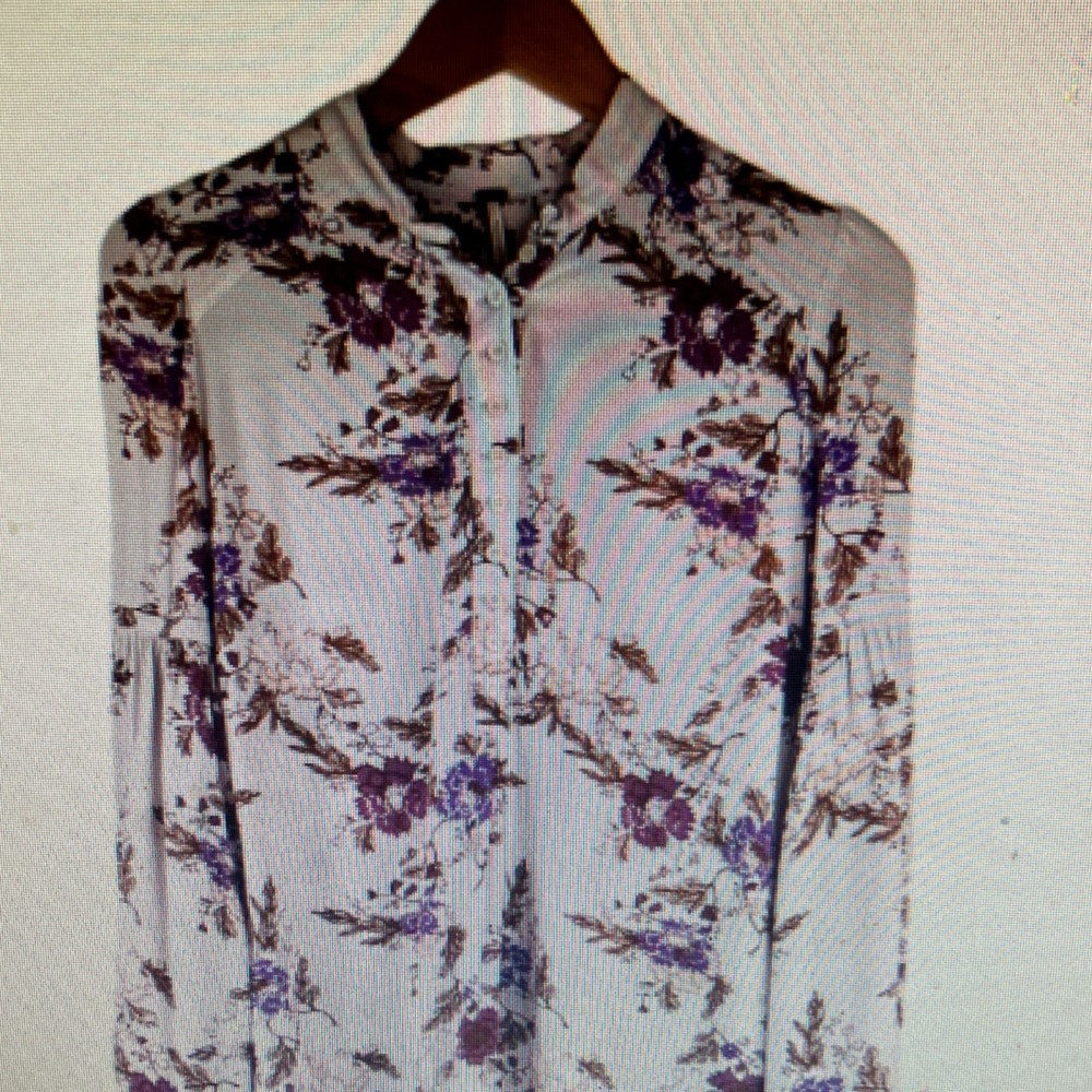 Floral Button Front Collared Long Sleeve Blouse White Purple Brown