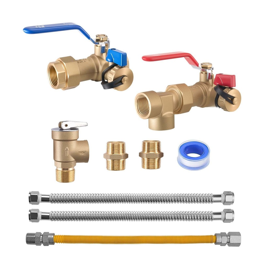 Water Heater Kit for Tankless Units: 3/4" Isolation Valves, Relief, Gas Hose