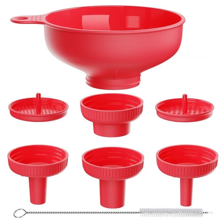 Versatile Kitchen Funnel Set with 5 Size Spouts & Strainers - Food Grade Plastic