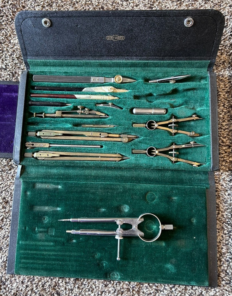 Vintage Drafting Tools Lot Triangles Templates Compass Slide Rule w/ Box