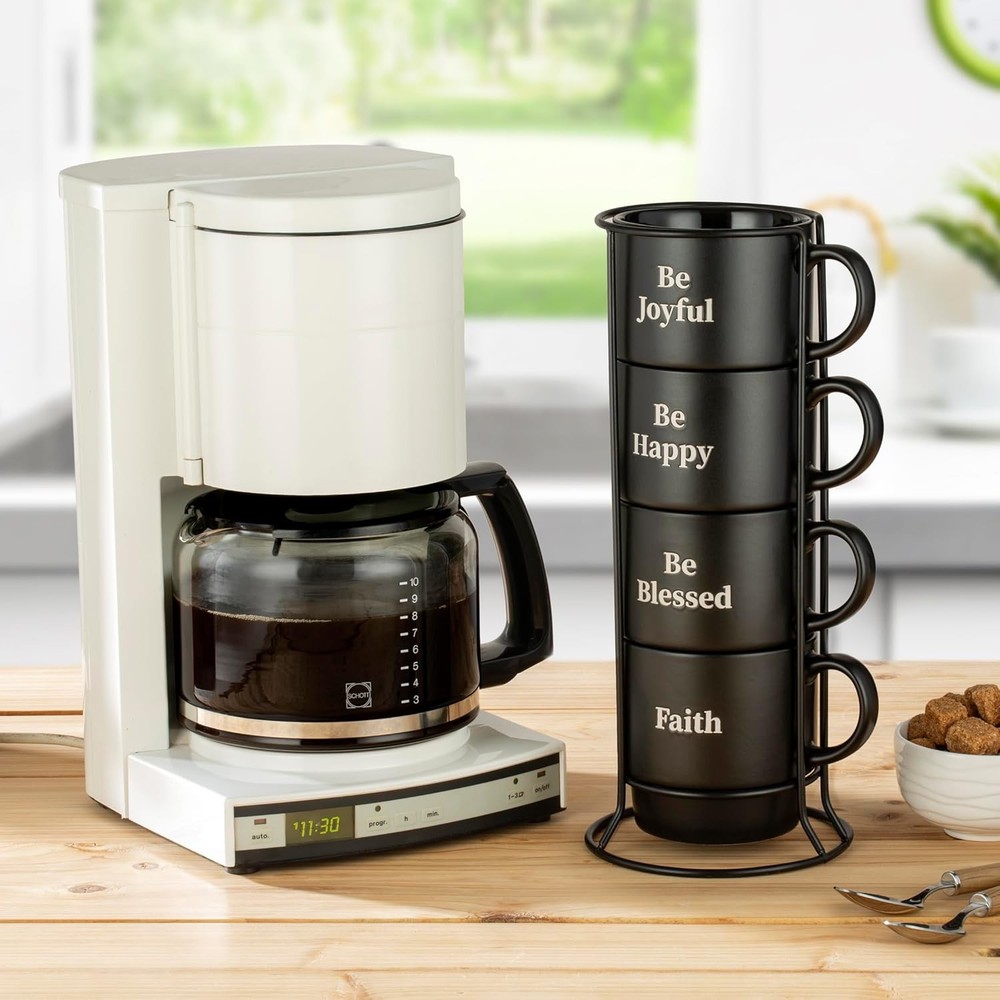 Set of 4 Stackable 15 oz Coffee Mugs with Rack Black