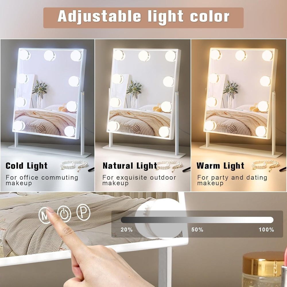 Vanity Mirror With Lights 360° Rotation Touch Control Adjustable Colors & Bright
