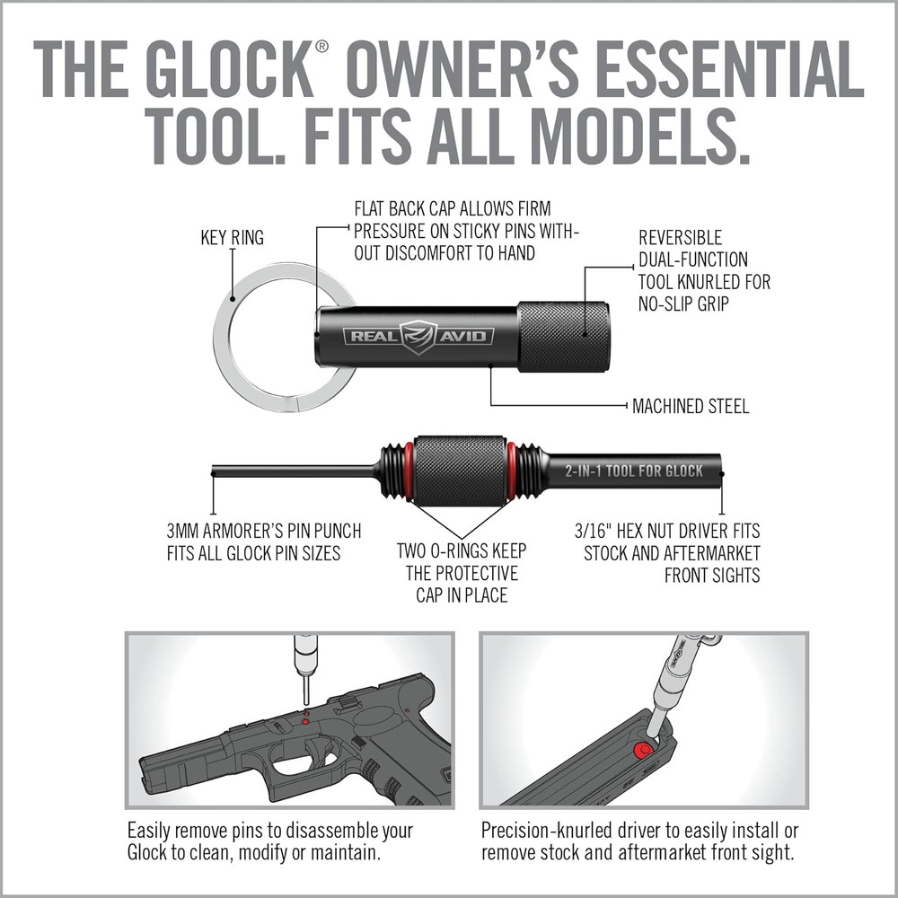 Real Avid 2-In-1 Tool for Glock Handguns, Includes Front Sight Tool & Disassembl