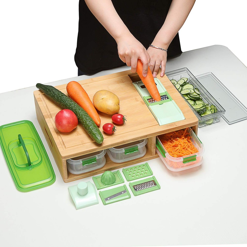 Smart Bamboo Cutting Board With Containers Locking Lid and Built-in GRATER. E...