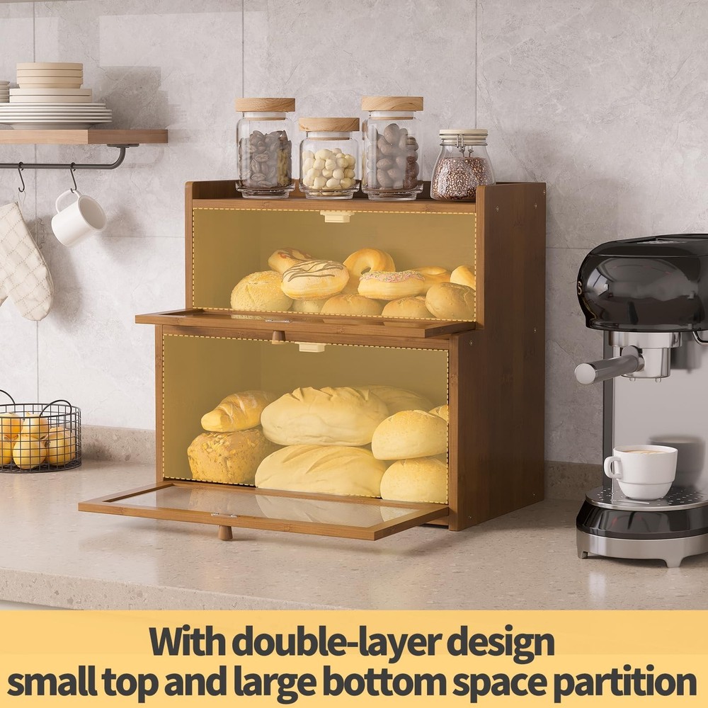 Double Layer Bamboo Bread Box for Kitchen Counter,Bread Holder,Countertop Bre...