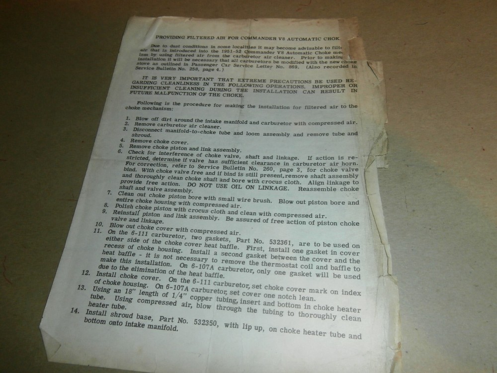 1951 1952 Studebaker  Commander V8 Automatic Choke Filtered Air Instructions