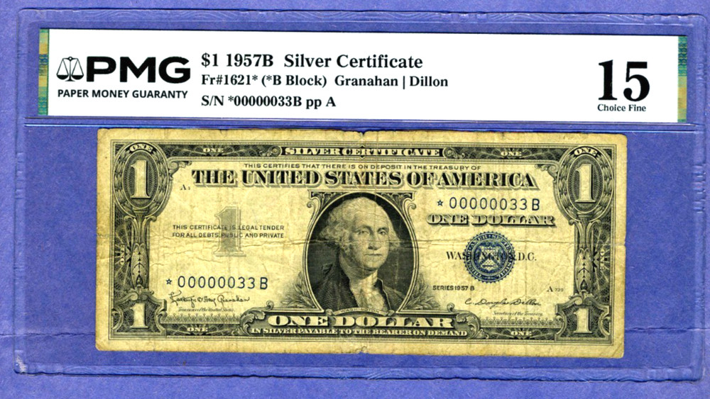 LOW # 00000033* Fancy 2 DIGIT BINARY serial number Silver Certificate $1 1957-B