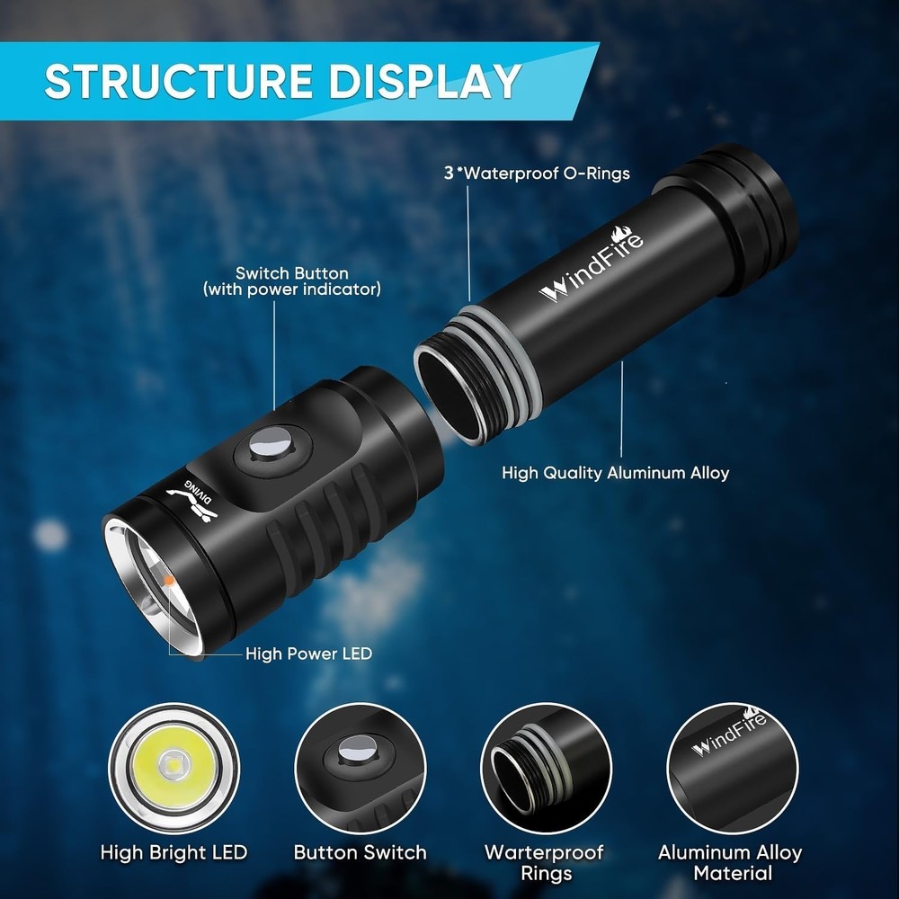 Dive Light Scuba Diving Flashlight, Super Bright Rechargeable Waterproof Torc...