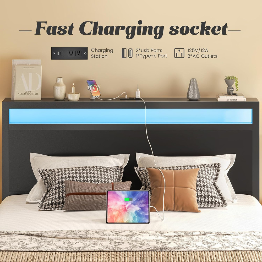Queen Bed Frame with Headboard & Footboard, Bed Frame with Built-In Charging Sta