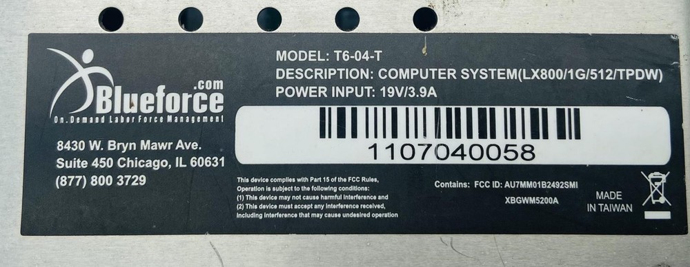BLUEFORCE T6-04-T BIOMETRIC TIME CLOCK