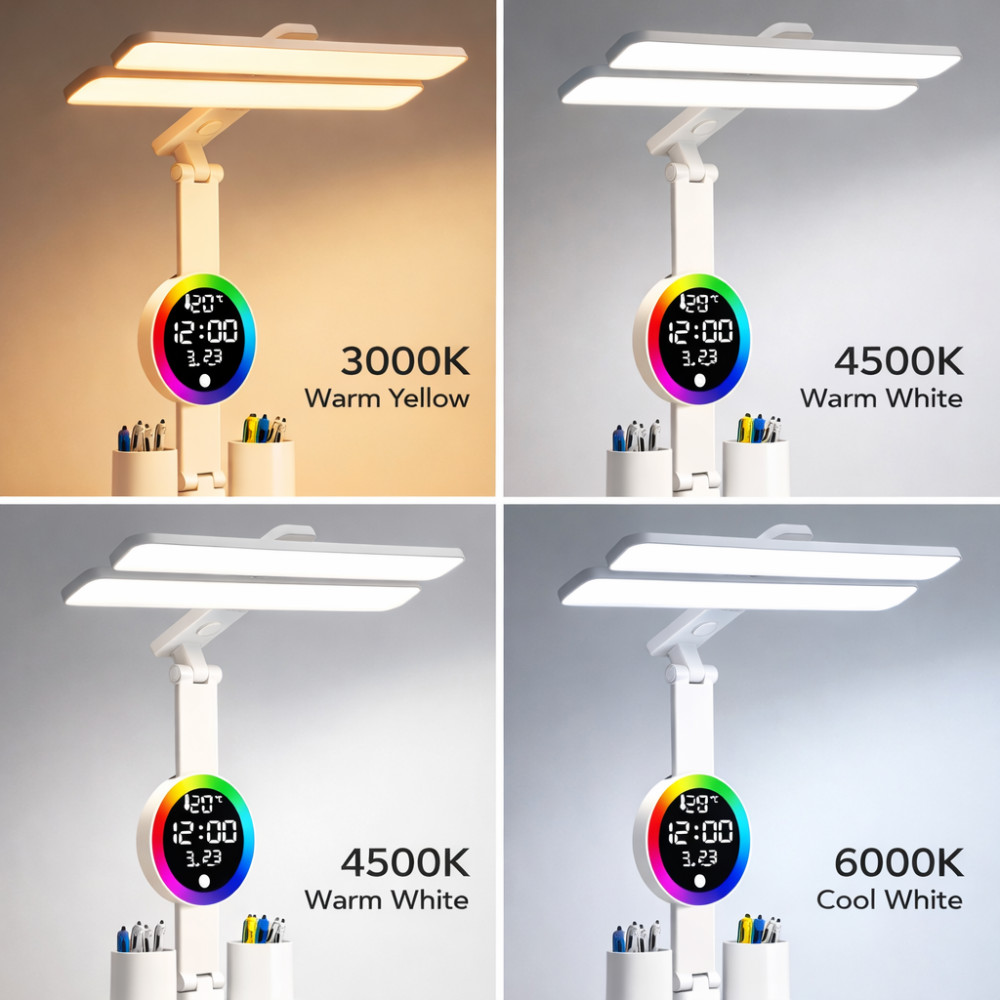 LED Desk Light Dimmable Reading Night Lamp USB Rechargeable Touch Sensor w/Clock