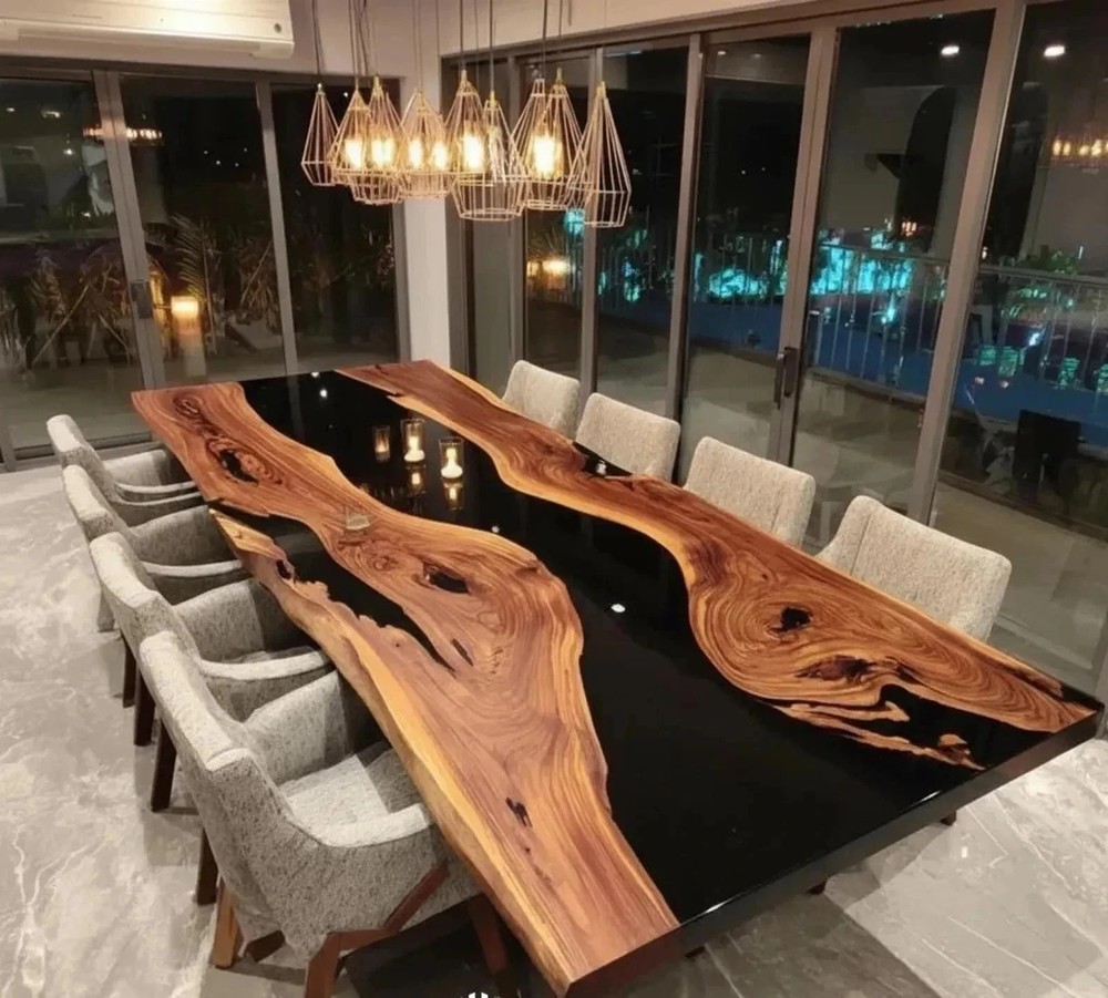 Luxury Black Epoxy River Table | Live Edge Walnut Dining Table Handmade | Dark