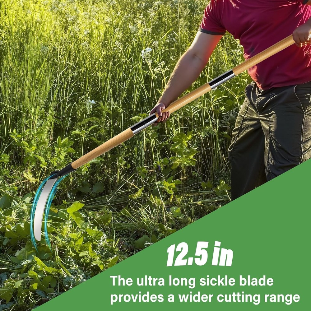 Solid Wood Long Handle Weeding Sickle, 32cm Extended Blade for Efficient Weed...