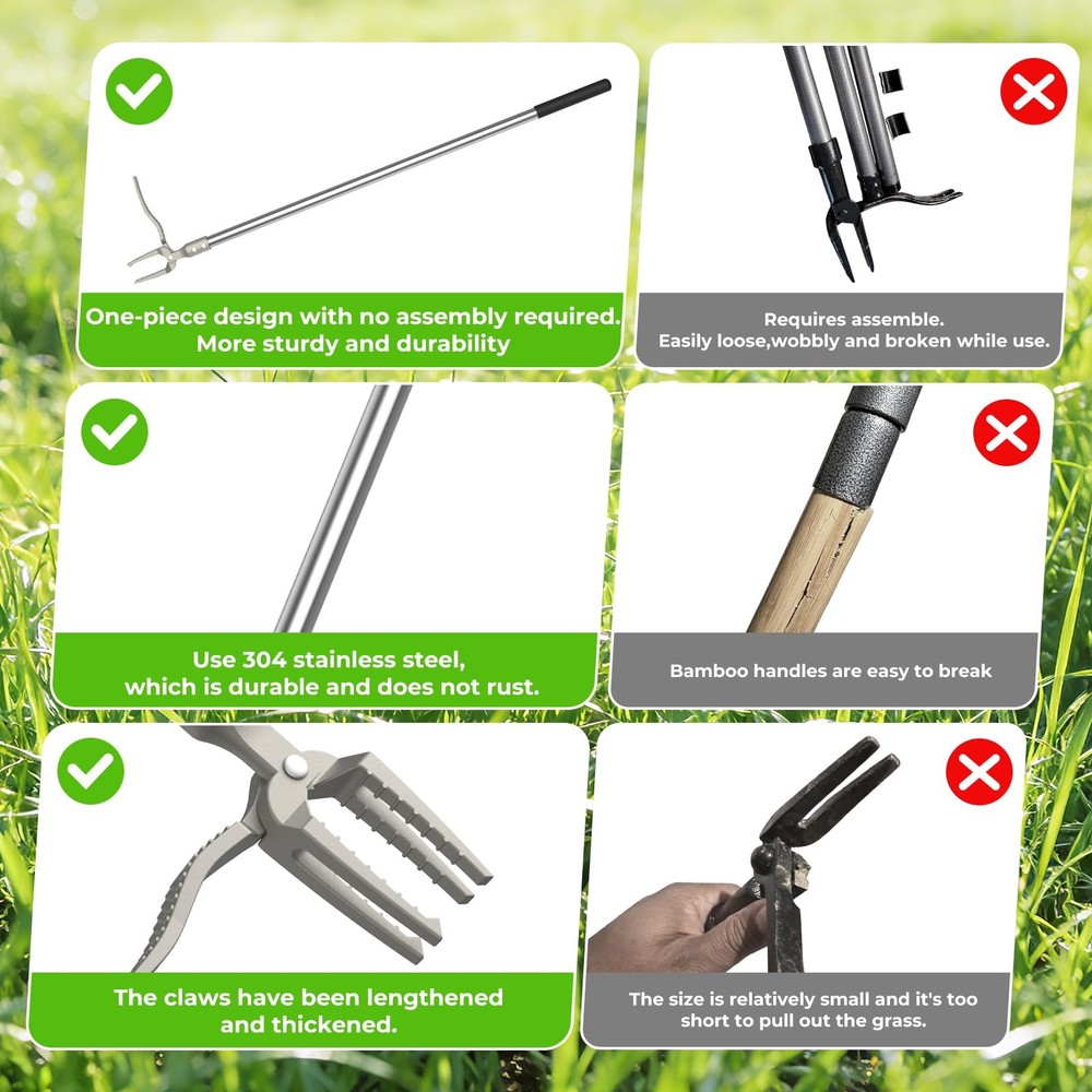 Manual Weed Puller Tool, 47" One-Piece No Assembly Stainless Steel Weeder wit...