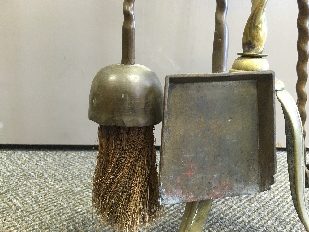 WINDMILL FIRE PLACE TOOLS ANTIQUE BRASS DUTCH 1850, CAST DESIGN