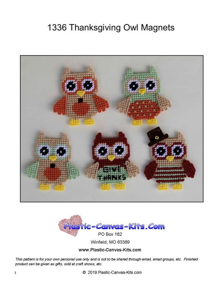 Thanksgiving Owl Magnets-Plastic Canvas Pattern or Kit