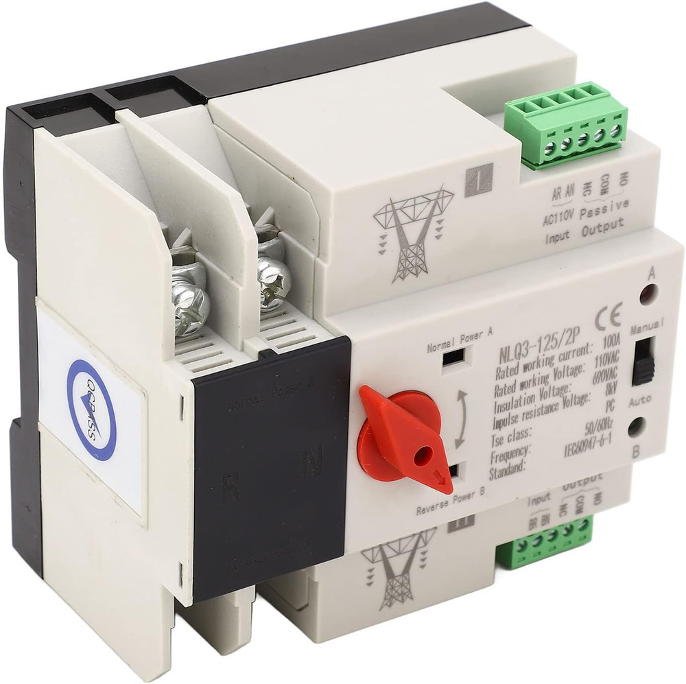 Dual Power Automatic Transfer Switch, 110V, 100A, Silver, PC, Self Throwing and