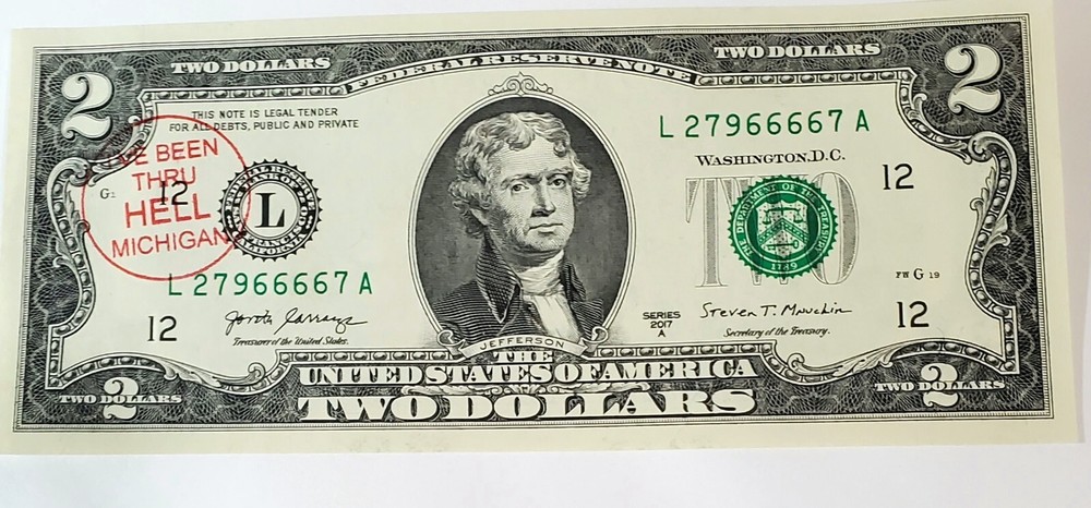 WOW "666" Two Dollar Bill from Hell Michigan Uncirculated