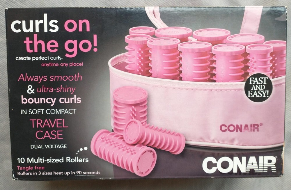Conair Curls On the Go 10 Multi Sized Rollers Travel Case Clips Dual Voltage