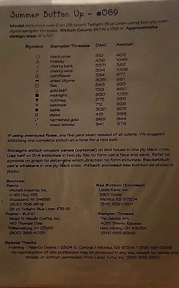 Lizzie & Kate Summer Button Up Cross Stitch Chart Design Bee Button